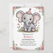 Kids Cute Pink Elephant 2nd Birthday Party Einladung (Vorderseite)