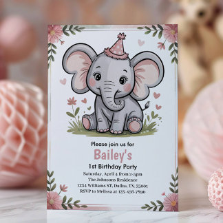 Kids Cute Pink Elephant Birthday Party Einladung