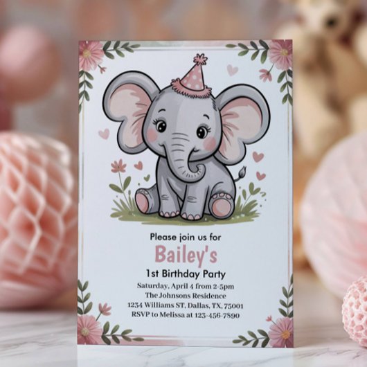 Kids Cute Pink Elephant Birthday Party Einladung