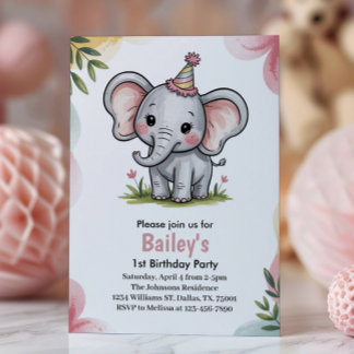 Kids Cute Pink Elephant Birthday Party Einladung