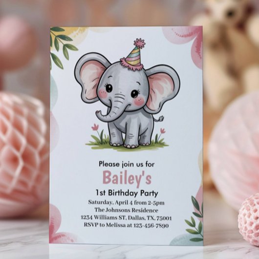 Kids Cute Pink Elephant Birthday Party Einladung