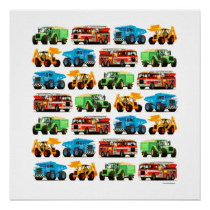 Kid's Digger Dumper Truck Fireruck Tractor Art Poster