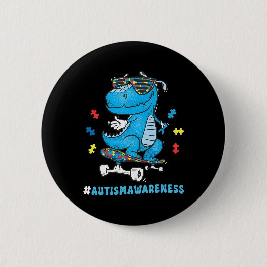 Kids Dinosaur Skateboarding Autismus-Bewusstsein W Button (Vorderseite)