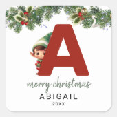 Kids Elf Initial A Christmas Quadratischer Aufkleber (Vorderseite)