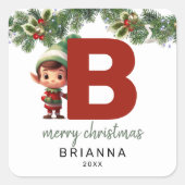 Kids Elf Initial B Christmas Quadratischer Aufkleber (Vorderseite)
