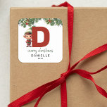 Kids Elf Initial D Christmas Quadratischer Aufkleber<br><div class="desc">Gib dieses Weihnachtsfest das Geschenk personalisierten Charmes! Unsere Monogramm-Aufkleber mit dem Elf des Weihnachtsmannes,  die sich hinter dem Buchstaben D versteckt,  sind eine einzigartige und durchdachte Möglichkeit,  Ihre Liebe zu zeigen. Passen Sie mit einem Namen,  Jahr und einem herzlichen Gruß an. Machen Sie Ihre Weihnachtsgeschenke auffällig!</div>