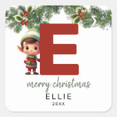 Kids Elf Initial E Christmas Quadratischer Aufkleber (Vorderseite)