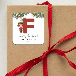 Kids Elf Initial F Christmas Quadratischer Aufkleber