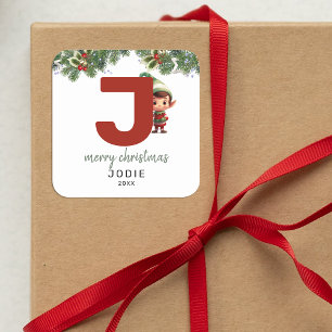 Kids Elf Initial J Christmas Quadratischer Aufkleber