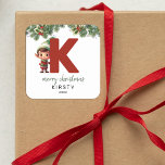 Kids Elf Initial K Christmas Quadratischer Aufkleber<br><div class="desc">Gib dieses Weihnachtsfest das Geschenk personalisierten Charmes! Unsere Monogramm-Aufkleber mit dem Elf des Weihnachtsmannes,  der sich hinter dem Buchstaben K versteckt,  sind eine einzigartige und durchdachte Möglichkeit,  Ihre Liebe zu zeigen. Passen Sie mit einem Namen,  Jahr und einem herzlichen Gruß an. Machen Sie Ihre Weihnachtsgeschenke auffällig!</div>