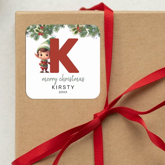 Kids Elf Initial K Christmas Quadratischer Aufkleber