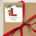 Kids Elf Initial L Christmas Quadratischer Aufkleber<br><div class="desc">Gib dieses Weihnachtsfest das Geschenk personalisierten Charmes! Unsere Monogramm-Aufkleber mit dem Elf des Weihnachtsmannes,  die sich hinter dem Buchstaben L versteckt,  sind eine einzigartige und durchdachte Möglichkeit,  Ihre Liebe zu zeigen. Passen Sie mit einem Namen,  Jahr und einem herzlichen Gruß an. Machen Sie Ihre Weihnachtsgeschenke auffällig!</div>