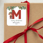 Kids Elf Initial M Christmas Quadratischer Aufkleber<br><div class="desc">Gib dieses Weihnachtsfest das Geschenk personalisierten Charmes! Unsere Monogramm-Aufkleber,  die sich hinter dem Buchstaben M in der Elf des Weihnachtsmannes verstecken,  sind eine einzigartige und nachdenkliche Möglichkeit,  Ihre Liebe zu zeigen. Passen Sie mit einem Namen,  Jahr und einem herzlichen Gruß an. Machen Sie Ihre Weihnachtsgeschenke auffällig!</div>