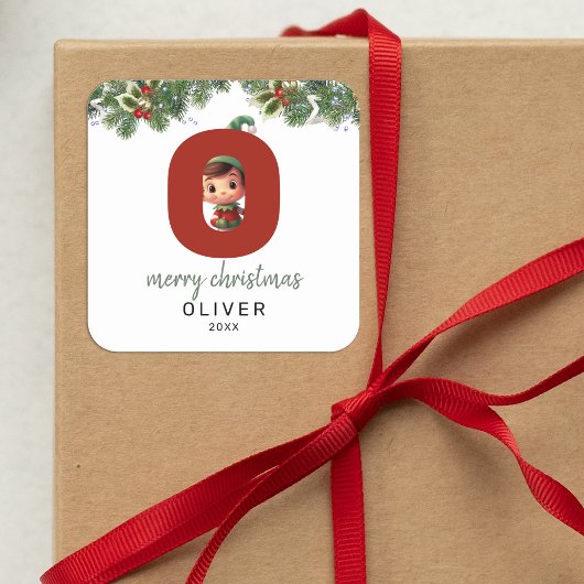 Kids Elf Initial O Christmas Quadratischer Aufkleber