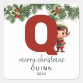 Kids Elf Initial Q Weihnachten Quadratischer Aufkleber (Vorderseite)