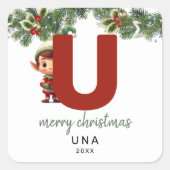 Kids Elf Initial U Christmas Quadratischer Aufkleber (Vorderseite)