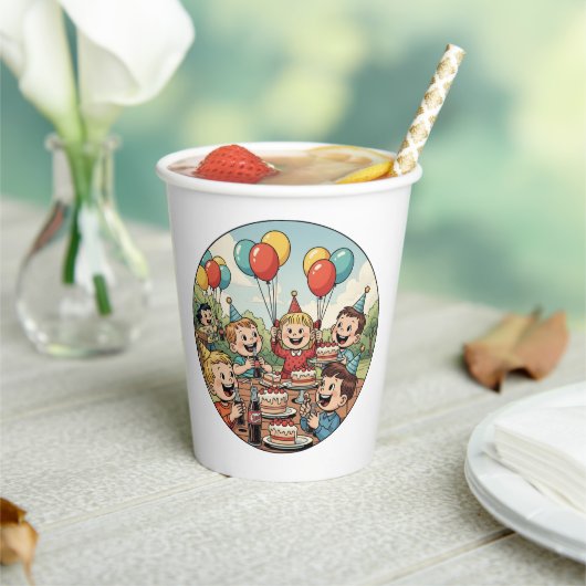 Kids Enjoying their Cakes, Sodas and Balloons Pappbecher (In Situ)