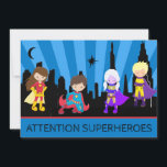 *~* Kids farbenfrohe SUPERHEROS Bold Geburtstagspa Einladung<br><div class="desc">*** FARBIGE BOLD SUPERHEROES Niedliche Endearing Whimsical BIRTHDAY PARTY EINLADUNG. Die Kleinen können sich als ihr Lieblingshotel SUPERHERO verkleiden. Es gibt vier Superhelden gegen eine SKYLINE CITYSCAPE. Der Himmel ist ein auffälliger BOLD BLAU und LILA BURSTS OF RAYS mit SCHWARZEN STADTGEBÄUDE. Dies ist eine geschlechtsneutrale Geburtstagsfeier. STELLEN SIE SICHER, DAS...</div>