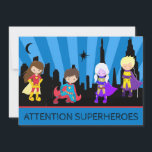 *~* Kids farbenfrohe SUPERHEROS Bold Geburtstagspa Einladung<br><div class="desc">*** FARBIGE BOLD SUPERHEROES Niedliche Endearing Whimsical BIRTHDAY PARTY EINLADUNG. Die Kleinen können sich als ihr Lieblingshotel SUPERHERO verkleiden. Es gibt vier Superhelden gegen eine SKYLINE CITYSCAPE. Der Himmel ist ein auffälliger BOLD BLAU und LILA BURSTS OF RAYS mit SCHWARZEN STADTGEBÄUDE. Dies ist eine geschlechtsneutrale Geburtstagsfeier. STELLEN SIE SICHER, DAS...</div>