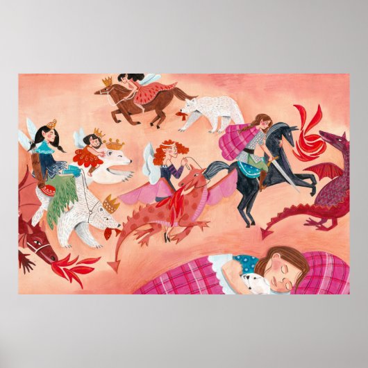 Kids Feen & Dragon pink Märchendarstellung Poster (Vorne)