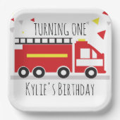 Kids Firetruck Fun Confetti Geburtsname Pappteller (Vorderseite)