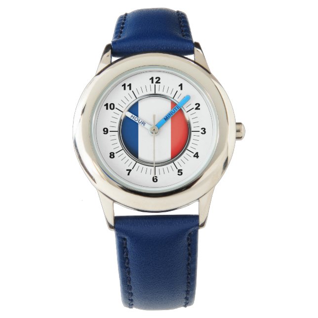 Kid's Flag Blue Leather Strap Watch Armbanduhr (Vorderseite)