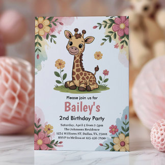 Kids Floral Giraffe Jungle 2. Geburtstag Party Einladung