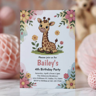 Kids Floral Giraffe Jungle 4. Geburtstag Party Einladung
