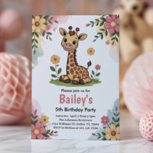 Kids Floral Giraffe Jungle 5. Geburtstagsparty Einladung