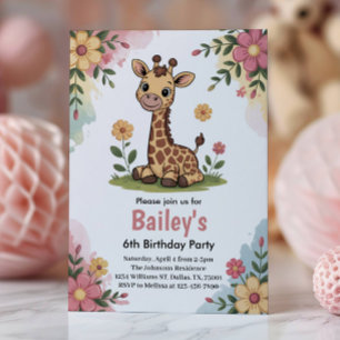Kids Floral Giraffe Jungle 6. Geburtstagsparty Einladung