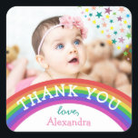 Kids Foto Birthday Vielen Dank Quadratischer Aufkleber<br><div class="desc">Niedlicher,  farbenfroher Kindergeburtstag bedankt sich beim Aufkleber für Gefallen mit Foto,  Regenbogen und bunten Sternen.</div>