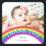 Kids Foto Birthday Vielen Dank Quadratischer Aufkleber<br><div class="desc">Niedlicher,  farbenfroher Kindergeburtstag bedankt sich beim Aufkleber für Gefallen mit Foto,  Regenbogen und bunten Sternen.</div>