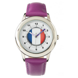 Kid's France Flag Lila Lederband Strap Watch Armbanduhr