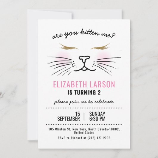 Kids Funny Kitten Face Birthday Party Einladung (Vorderseite)