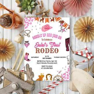 Kids Girl Rounded First Rodeo 1. Party Geburtstag Einladung