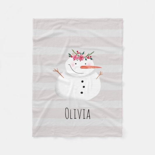 Kids Girly Christmas Blume Snowman und Name Fleecedecke (Vorderseite)