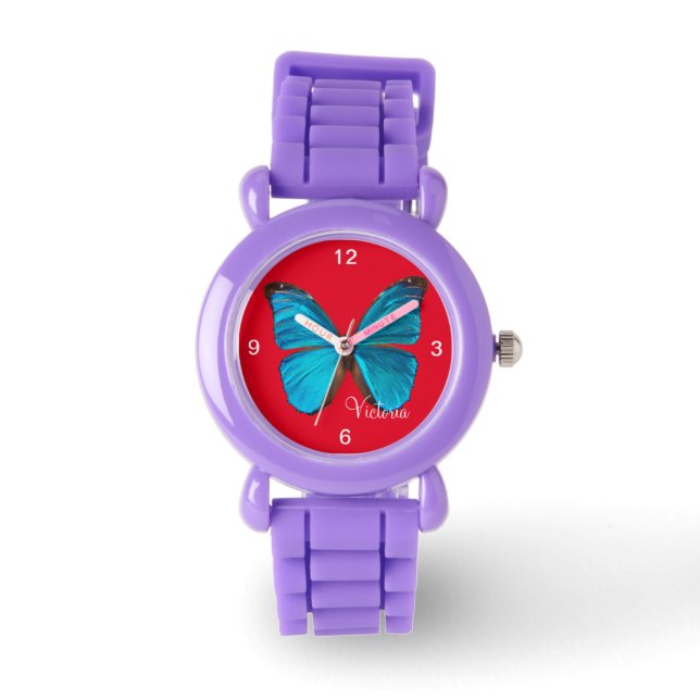 Kids Glitzer Strap Niedlich Blue Butterfly Watch Armbanduhr (Vorderseite)