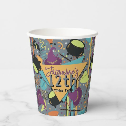 Kids Gray Retro Witchy Halloween Geburtstag Pappbecher (Vorderseite)