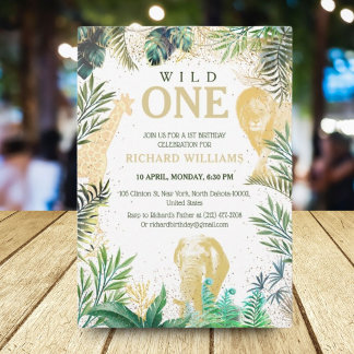 Kids Greenery Gold Wild Animals Jungle Party Einladung