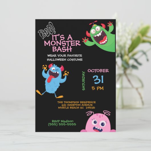 Kids Halloween Monster Mash Bash Party Einladung (Stehend Vorderseite)