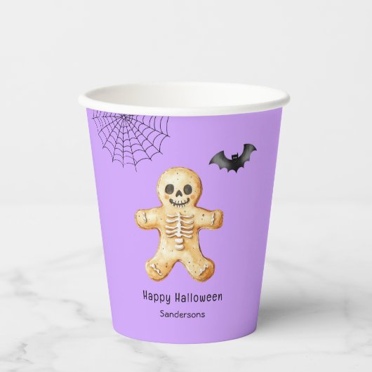 Kids Halloween Niedlich Gingerbrot Skelett Lila Pappbecher (Vorderseite)