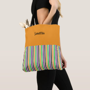 Kids Halloween Retro Farbige Vertikalstreifen Name Tasche