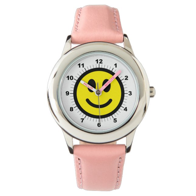 Kid's Happy face Pink Leather Strap Watch Armbanduhr (Vorderseite)