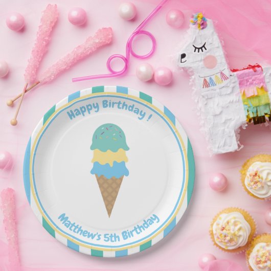 Kid's Ice Cream Party Blaue grüne Streifen Pappteller (Party)