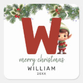 Kids Initial W Christmas Quadratischer Aufkleber (Vorderseite)