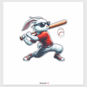 Kids Jungen Fröhlicher Osterhase spielt Baseball O Aufkleber