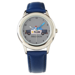 Kids Jungen Polizeiauto Fahrzeug Blau Name Armbanduhr