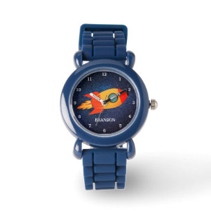 Kids Jungen Rakete Weltraum Blau Astronaut Name Armbanduhr