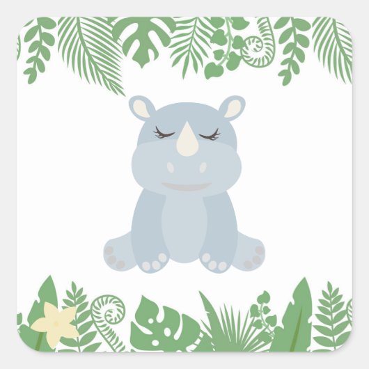 Kids Jungle Animals Party Square Sticker - Rhino (Vorderseite)