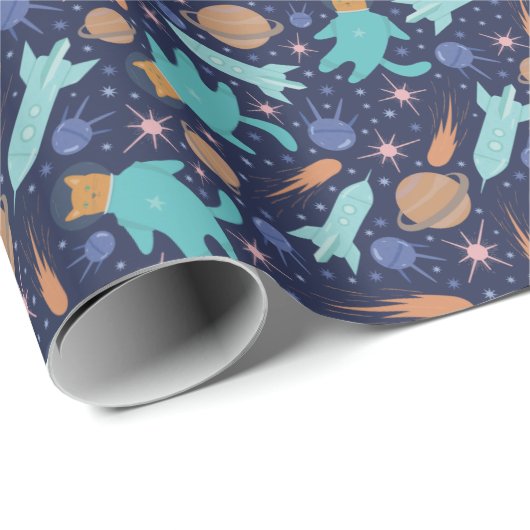 Kids katzen Astronaut in Raumschiff-Planeten Geschenkpapier (Rolleneckpunkt)